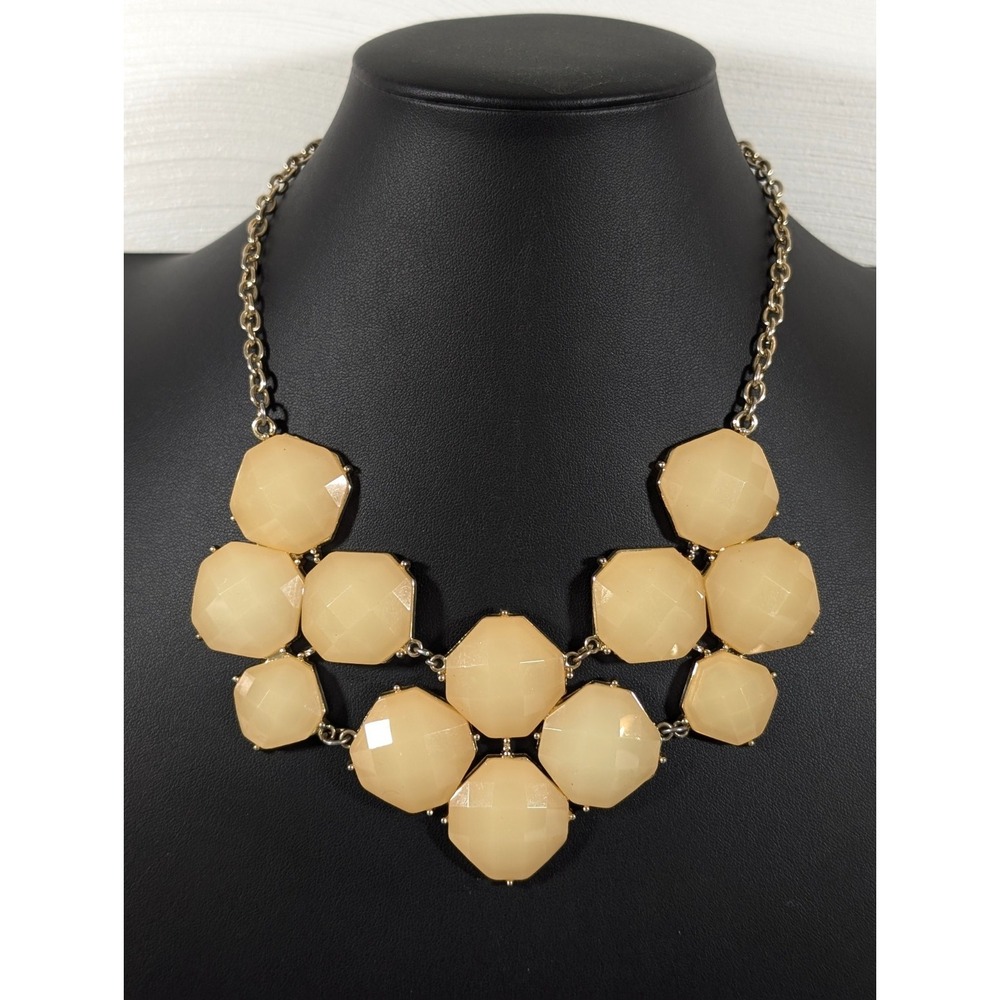 Gold Tone Statement Necklace Faceted Cream Beige Cabochons Chunky Bib Style